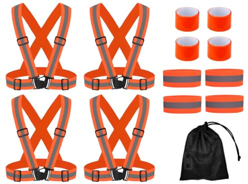Abiyou 4PCS Gilet Catarifrangente Regolabile, Regolabile Gilet Riflettente, Elasticità Giubbotto Catarifrangente, Elastico Gilet Riflettente, per la Bicicletta,Jogging,Corsa,Escursionismo(Arancione)
