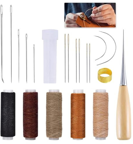 21 Stück Leder Nähset, Ledergarn Gewachst Set, inklusive Leder-Nähnadeln, Nähahle, Fingerhut und 5 Rollen gewachster Lederfaden, Perfekt für Teppiche, Taschen, Schuhe und andere Lederprojekte