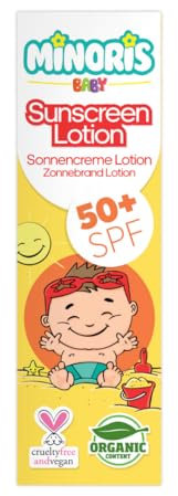 Minoris Baby Lozione Solare SPF 50+ | Organica, Naturale & Minerale per Pelle Sensibile | Ipoallergenica, Vegana, Resistente all’Acqua, Protezione ad Ampio Spettro, Testata Dermatologicamente, 150 ml