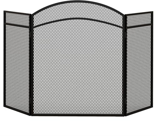 HOMCOM Salvachispas para Chimenea de 3 Paneles Protector de Chimenea Plegable Pantalla de Chimenea con Estructura de Metal 96x60 cm Negro