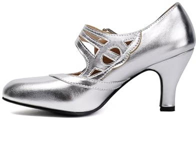 elerhythm Scarpe da donna Mary Jane Rockability Close con punta tonda, stile vintage anni '50 Gatsby, tacchi alti retrò anni '20, pumps vittoriane, argento, 41 EU