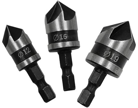 Daryunk 3 Pieces 5 Flute 90 Degree Chamfering Countersink Drill Bit Set, 1/4 Inch Hex Shank Woodworking Drill Bit,for Wood Plastic Aluminium Chamfering, 12mm, 16mm, 19mm