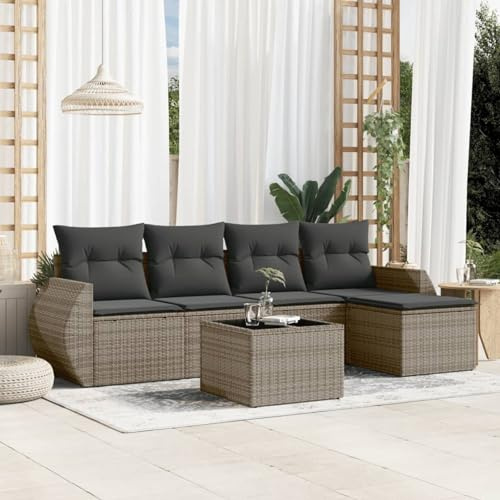 Verderoom Set Divano da Giardino 6pz con Cuscini Grigio in Polyrattan, Salotto da Esterno, Set Divano Giardino per Esterno, Set da Giardino, Set Salotto da Esterno