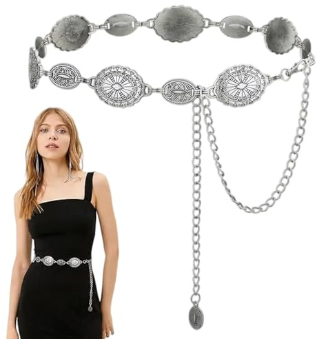 Wekuw Señoras Cadena Cinturon, 125cm Cinturón de Cadena Dorada para Mujer Bohemio Delgado Y Largo Mujer Ajustable Cinturón de Cintura Fina Cinturon Retro, para Vestido, Jeans (Plata)