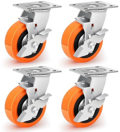 Humagineer 125mm Poliuretano Ruedas Para Muebles Pesados con Freno, Industriales Ruedas Giratorias Carga de 1600kg, Silencioso Y Resistente al Desgaste para instalaciones industriales, máquinas