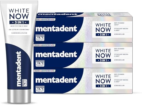 Mentadent WHITE NOW Dentrifricio 3 IN 1 Original, Dentifricio ad Effetto Sbiancante Rapido 75 ml, Tecnologia Triple-Light™, 96% di Origine Naturale, Rimozione Macchie, Efficace e Delicato sullo Smalto