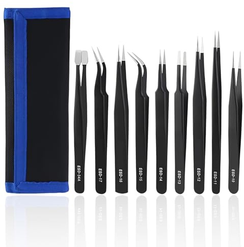 Kit de 9 Pince Brucelles de Précision ESD en Acier Inoxydable, Pince de Précision pour Électronique, Bijoux, Modélisme et Épilation Haute Précision
