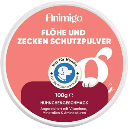 Loppmedel i pulverform – Fästingskydd för hundar – 100 g pulver – Med tillsatta vitaminer, mineraler & aminosyror såsom öljäst, zink, vitamin B3, B1 och B2 – Kycklingsmak – Loppbehandling för hundar