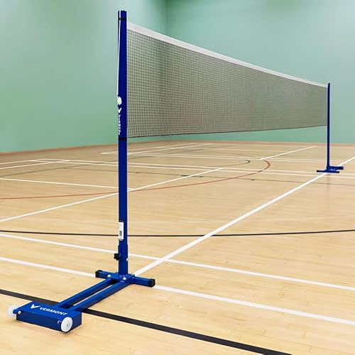 Vermont ProCourt Freestanding Badminton Posts & Net | Regulation Height Indoor Court System - Weighted Steel Bases with Transport Wheels - BSEN 1509 Certified - 1.5m Posts 6m Net