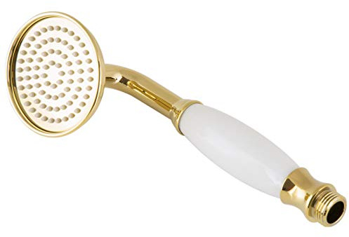 PaulGurkes goldene Handbrause Retro Duschkopf Nostalgie Brausekopf Keramik Gold Antik Vintage vergoldet Landhausstil weiße Keramikeinlage Keramikgriff