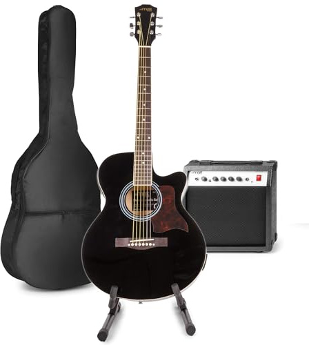 MAX Guitarra Electroacústica Set Completo - Cuerpo Dreadnought, Amplificador 40W, Funda, Soporte, Afinador, Púas, Correa, Cuerdas Repuesto - Ideal para Principiantes y Profesionales