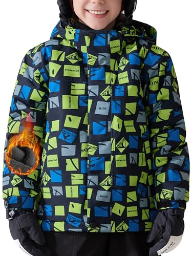 FREE SOLDIER Chaqueta de esquí impermeable para niños y niñas, forro polar, abrigo de invierno cálido, chaqueta de invierno para niños con capucha desmontable (estampado marino, 10-12/niño)