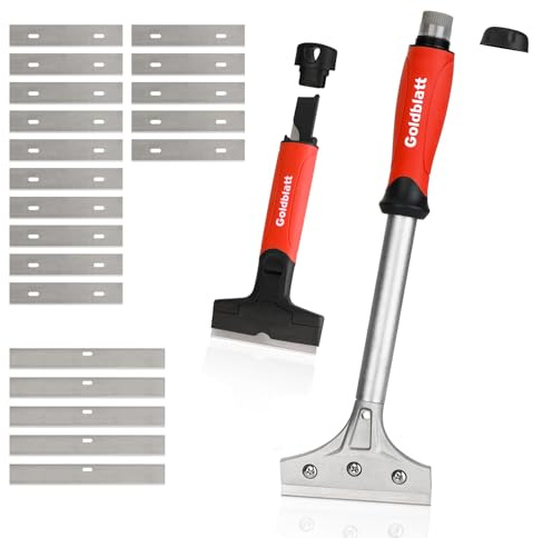 Goldblatt 2 Pieces Glass Scraper Set ​with 20-piece Blades - 4 Inch Industrial Floor Scraper Tool with Long-Handle, Heavy Duty Razor Holder for Cleaning Caulk, Paint, Glue on Glass, Tiles, Walls