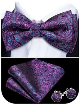 YOHOWA Magenta Blue Purple Bow Tie for Men Floral Silk Pre-Tied Bowtie Handkerchief Cufflinks Set Formal Wedding Party Prom