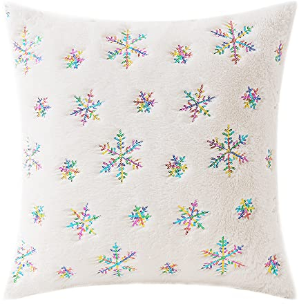 Fouriding Weihnachten Schneeflocke Kissenbezüge, Bunte Schneeflocke Plüsch Stickerei Kissenbezug 18 x 18 Zoll Weihnachten Quadratische Kissenbezüge für Sofa Couch Weihnachtsdekorationen