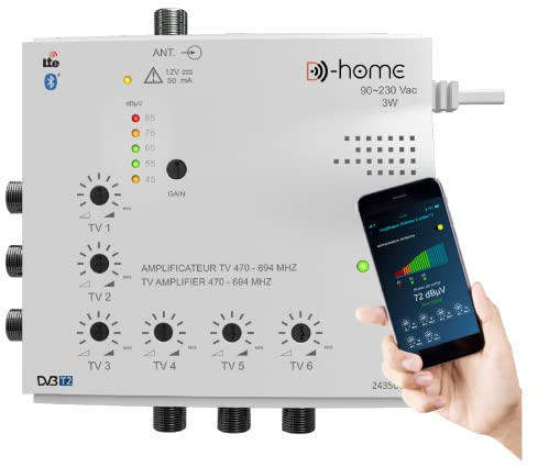 D-Home - Amplificateur TV TNT Intérieur 6 Sorties 23dB Connecté Filtré 4G-5G - Fonctionne avec App Mobile TV Finder pour Trouver le Meilleur Signal Disponible. Pour Toute Antenne