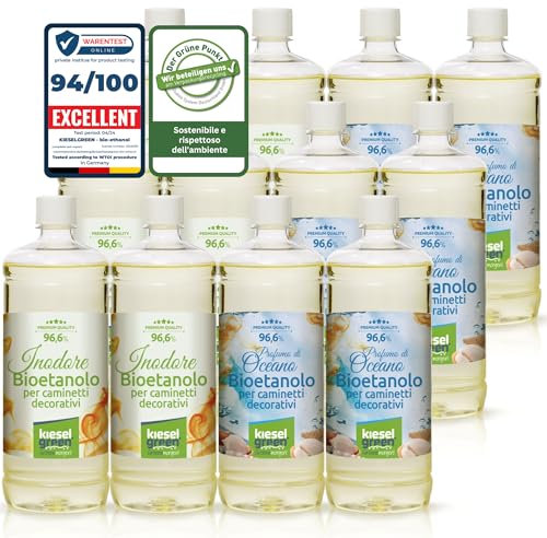 KieselGreen Bioethanolo 12 x 1 litro Set (6x Inodore + 6x con Fraganza) per Caminetto a Etanolo – Bio-etanolo profumato per Ambienti - Profumo per Caminetto a bioetanolo da Interno o da Tavolo M