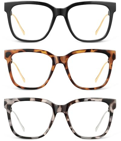 JM 3 Pack Classici Quadrato Occhiali da Lettura per Donna Uomo, Retro Trendy Oversized Anti Luce Blu +1.75