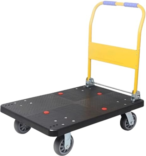 Zusammenklappbarer Plattformwagen mit Kunststoffplatte und Metallgriff. Leicht manövrierbarer Schiebewagen für Lagerkeller, beweglicher Flacher Wagen