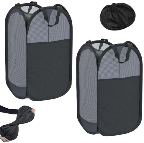 2PCS Black Collapsible Washing Basket, Mesh Folding Laundry Basket, 75L Large Washing Basket Collapsible, Pop Up Laundry Basket Bin with Side Pocket for Bedroom and Bathroom Clothes Tidy Storage