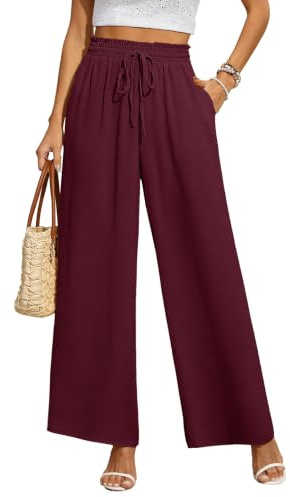 BEIGAI Women Trousers Summer Elasticated High Waist Wide Leg Palazzo Pants | Lightweight, with Pockets, for Women UK, Elegant, Loose, Lounge, Casual, Beach, Vacation