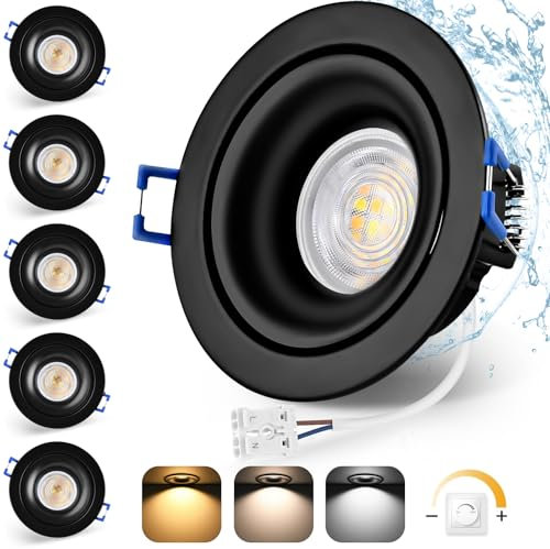 YindaLux 6x LED Einbaustrahler 230V Dimmbar Flach 5W IP44 Einbauleuchten Deckenspots 38° oder 120° Abstrahlwinkel Warmweiß Neutralweiß Kaltweiß Einbauspots, Schwarz