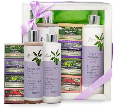Rizes Crete Beauty Geschenkset Kreta: Body Lotion & Duschgel mit Aloe Vera & Olivenöl + Handtuch & Schwamm – natürliche Pflege für Haut und Sinne