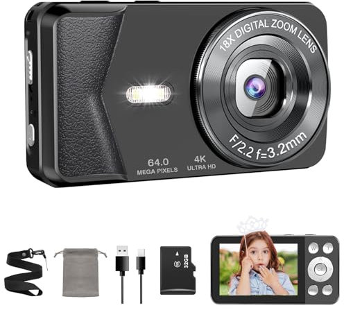 4K Digitalkamera 64MP, Autofokus Kompaktkamera mit 18X Digitalzoom, 2.8” Bildschirm, Selfie & Vlogging Kamera, Webcam-Funktion, LED-Blitz, 32GB SD-Karte, Tragbare Fotokamera für Kinder & Anfänger
