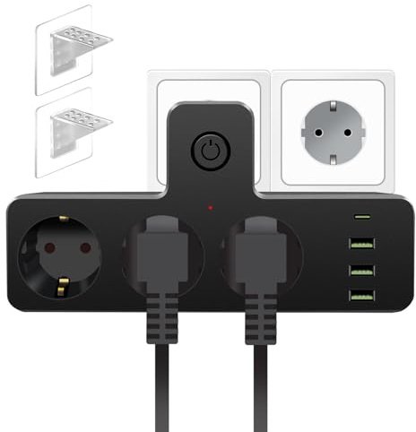 AOUZEA Ciabatta Multipresa Elettrica 7 Posti, 3 Prese USB A e 1 USB C Prese Polivalenti(schuko 10/16A), Ciabatta Elettrica con Interruttore, Multipresa con Protezione Sovratensione e 2 supporti