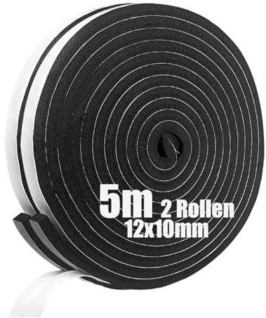 SDLDEER Skumtejp, självhäftande skumremsa 12 mm (B) x 10 mm (T) x 5 m (L) väderskalning dörrtätningsremsa, utkastuteslutare för fönsterdörr, anti-kollision, väderbeständig, fönsterljudisolering (2