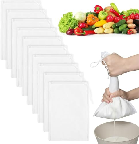 Garza alimentare per filtrare, 10 Pezzi sacchetti per latte di noci, 30x20 cm, nylon a maglia fine con coulisse, filtro per formaggi succo frutta e verdura, riutilizzabile e lavabile