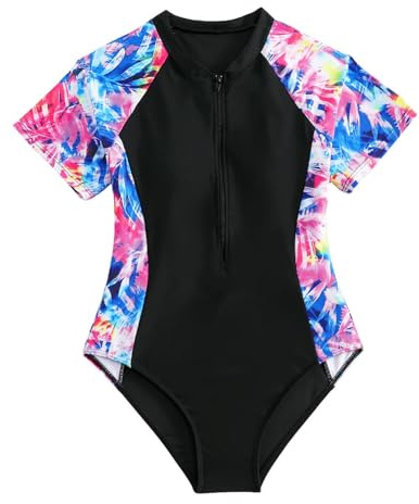 Generisch Maillot de bain 2 pièces pour fille - Motif floral - Fermeture éclair sur le devant - Séchage rapide pour les grands enfants (7-13 ans), Noir , 8-9 ans