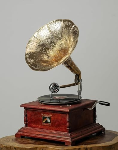 HMV Gramophone - Tocadiscos fonógrafo de trabajo de madera y latón, gramófono de latón