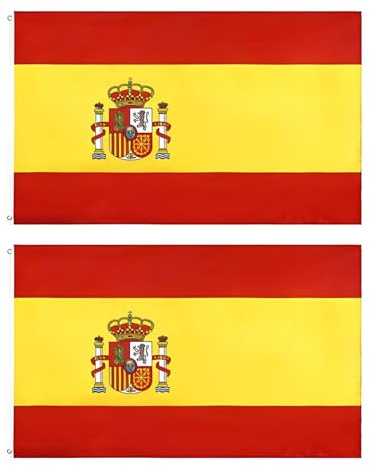 NOPVUFA Pack de 2 Bandera España Grande para Exterior 90x150cm, Bandera de España para Balcón Fabricada en Poliéster Reforzado con 2 Ojales Metálicos para Eventos Deportivos y Fiesta Nacional