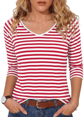 Terecey T Shirt Rayé Femme Col V Manches Trois Quarts Coupe Ample Mi Saison | Toucher Doux et Respirant, Tombé Fluide, Motif Marin Intemporel, Liberté de Mouvement, Bureau, Voyage et Vacances