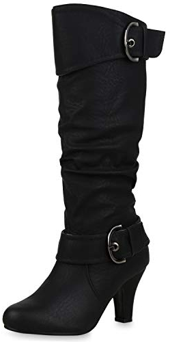 SCARPE VITA Damen Schnürstiefel Plateau Stiefel Retro Leder-Optik 157003 Schwarz Schnallen Total 38