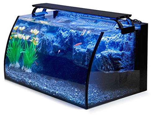 hygger Horizon 8 Gallon LED Glass Aquarium Kit for Starters with 7W Power Filter Pump, 18W Colored led Light, Wide View Curved Shape Fish Tank with Undetachable 3D Rockery Background Decor
