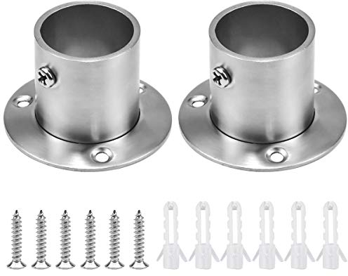 2Pcs Wardrobe Rail Support, 32mm Round Wardrobe Hanging Pole Tube Rod End Bracket, Stainless Steel Flange Socket Holder Adjustable with Screws for Closet Curtain (Silver)