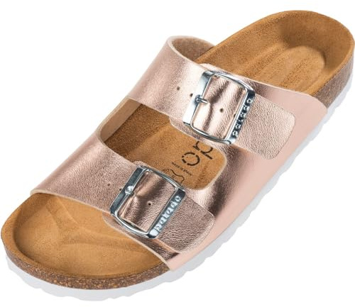 Palado Pantoletten Damen Korfu Metallic - gefertigt in Spanien - edles Metallic-Design - Veloursleder-Decksohle - ergonomisches Weichfußbett - EVA-Sohle Rosegold UK7 - EU40