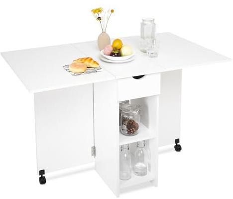 Mondeer Fällbart matbord, köksbord med låda och hyllor för 2–4 personer, fällbord matbord med hjul för små rum, matsal, kök, 72 x 120 x 75 cm, vitt
