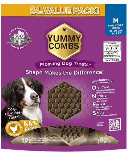 Yummy Combs Dog Dental Treats – Vet VOHC Approved – Delicious Chicken Protein – Removes Tartar with Cleaning Comb Shape – Dental Dog Treats for Medium Dogs (24oz, 30 Count)