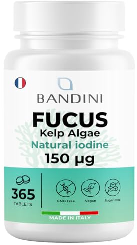 Bandini® Fucus Kelp Algae 150mcg | Natürliche Jodquelle aus Braunalgen | Energiestoffwechsel, Nägel, Haare | Hochdosiert | 365 Tabletten | 1 Tablette/Tag für 1 Jahr Versorgung