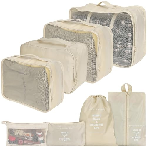 BELLE VOUS 8er Set Koffer Organizer - 8x wasserdichte Reiseorganizer für Rucksäcke, Taschen und Koffer - Cremefarbene Packwürfel für Kleidung und Toilettenartikel - Kofferorganizer