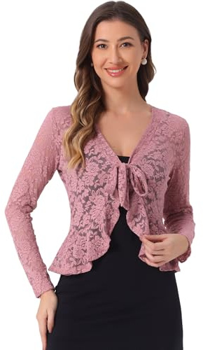 Allegra K Dam spetsbolero långärmad bolero transparent volangfåll crop blommor Shrug, Mörkrosa, M