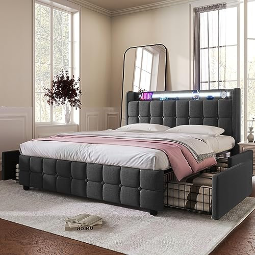 Polsterbett Doppelbett 180x200 cm, LED Jugendbett Stauraumbett Funktionsbett Bettgestell mit 4 Schubladen und Holz Lattenrost, Kopfteil mit USB Ladefunktion und Staufach, Leinen, Ohne Matratze, Grau