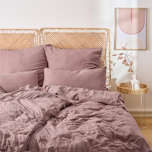 Blumtal Musselin Bettwäsche-Set 200x220 + 2x80x80 cm, Violett