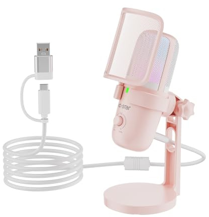 Ko-Star USB-mikrofon för PC, datorspelmikrofon för PS4/PS5/Mac, kondensatormikrofon med snabbdämpning, RGB-ljus, popfilter, plocka upp ljud från alla riktningar, stötfäste för inspelning (laxrosa)