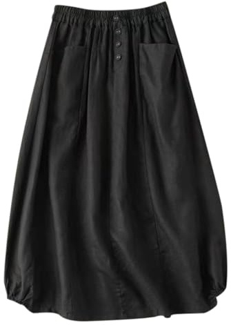 Falda acampanada de lino de longitud media y cintura alta para mujer 2025, Negro, XL