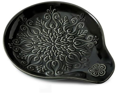 Howise Farmhouse Ceramic Spoon Rests Holder for Kitchen Counter Stove Top (Black-A3)