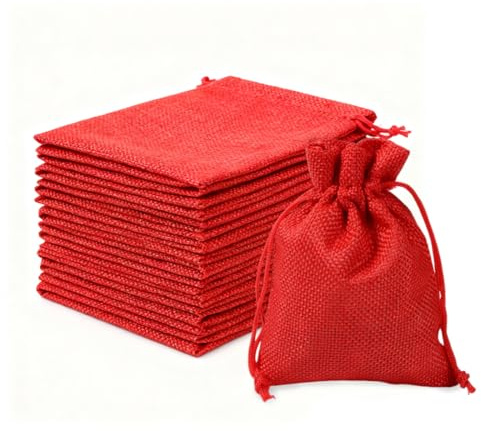 ZORVYN 30 Unidades Bolsas de Yute Reutilizables con Cordón para Joyería, Regalos y Almacenamiento, Bolsitas de Tela Pequeñas (7 x 9 cm) (Rojo)